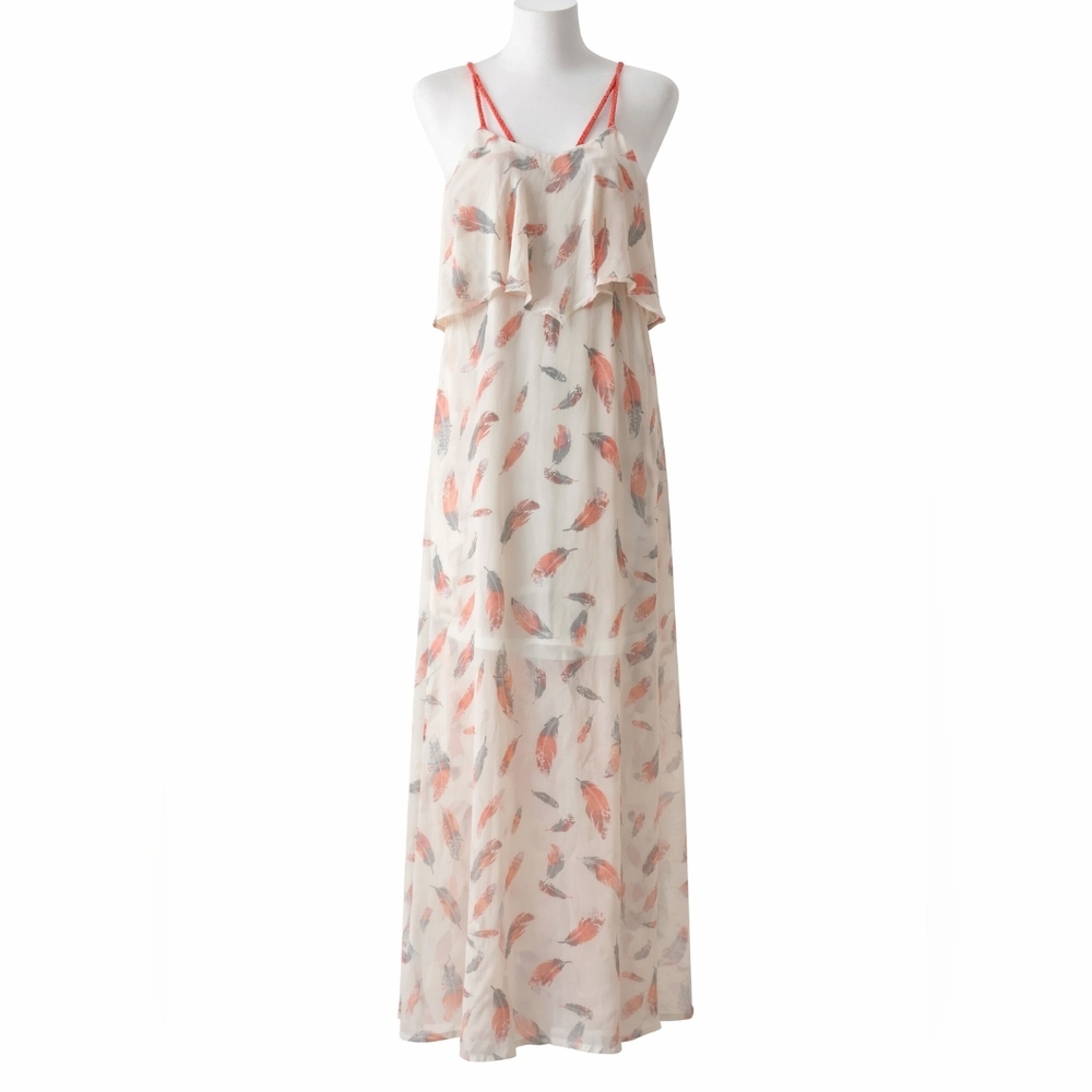 Xhilaration Feather Print Chiffon Maxi Dress Size L